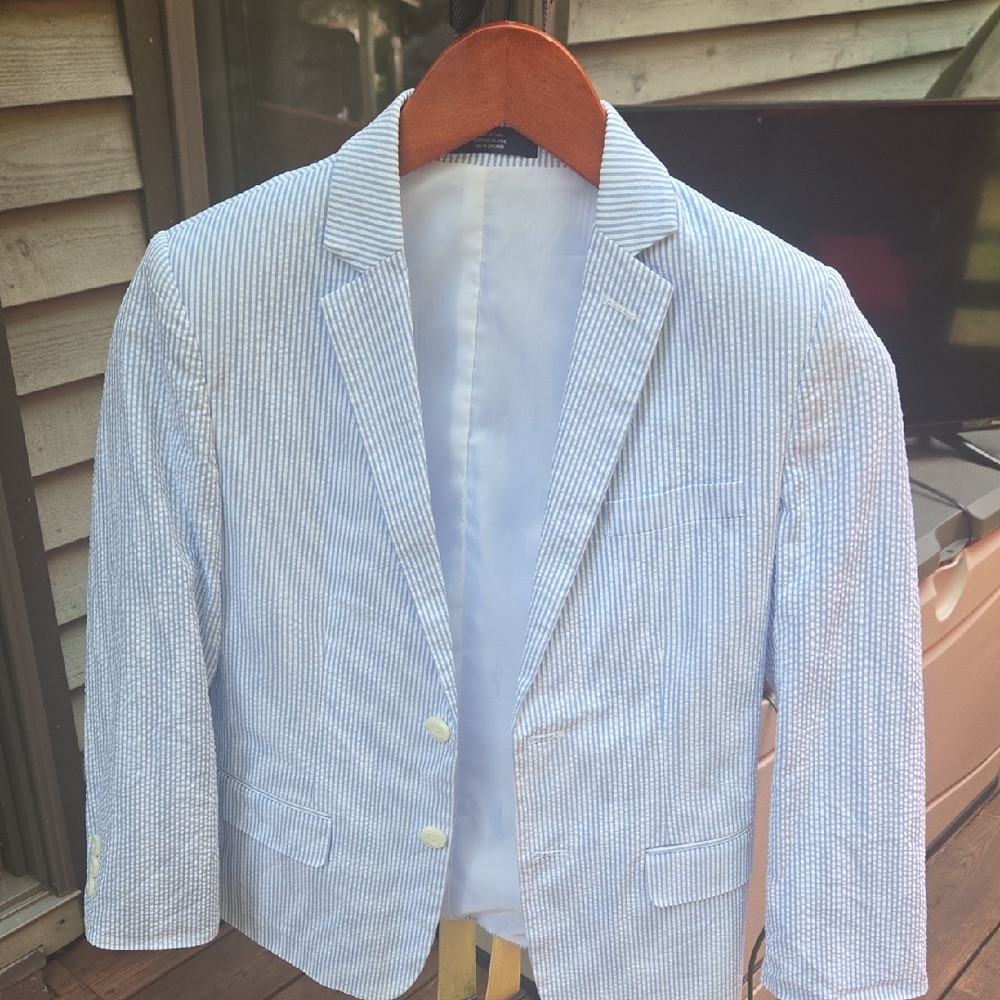 Izod Kids Boys 10 Herringbone Cotton Light Blue and White Striped Blazer